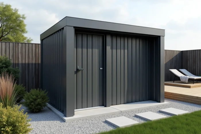 Abri de jardin en métal gris anthracite sur dalle béton dans un jardin moderne et minimaliste