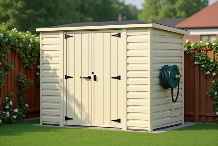 Abri de jardin en résine crème avec portes ouvertes dans un jardin de banlieue avec pelouse verte