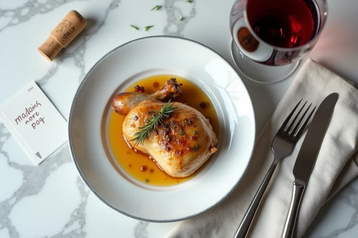 Accord parfait entre un poulet rôti simple et un verre de pinot noir de Bourgogne sur marbre patiné, vue de dessus
