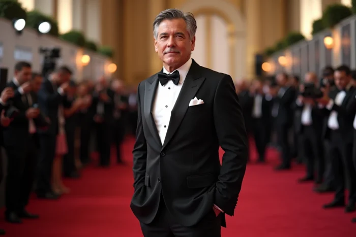 Acteur élégant en smoking noir sur tapis rouge lors d'un grand événement hollywoodien, photographes floutés en arrière-plan