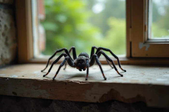Araignée babouk traversant un rebord de fenêtre en bois usé dans une maison en pierre avec jardin flou en arrière-plan