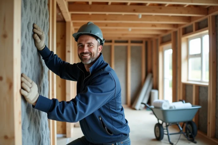 Artisan installant de l'isolant thermique dans une cloison lors d'une rénovation énergétique résidentielle
