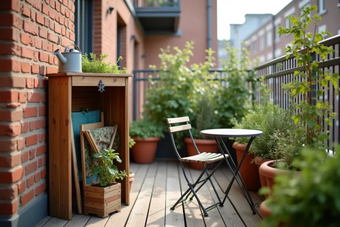 Balcon urbain organisé avec un abri de rangement en bois compact, jardinières en terre cuite et plantes grimpantes
