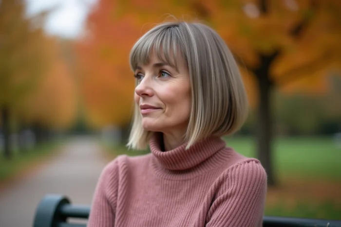Femme avec un bixie flou et contours dégradés dans un parc en automne