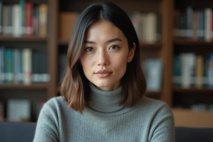 Femme avec un carré long dégradé sous la mâchoire dans une bibliothèque moderne