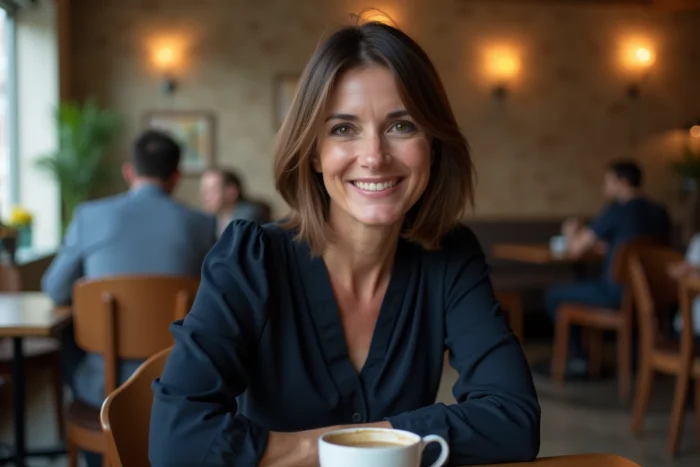 Femme avec un carré plongeant et mèches latérales encadrant le visage dans un café