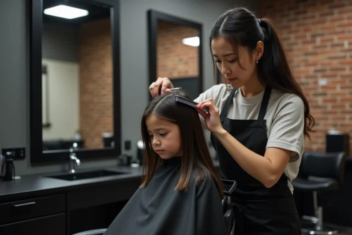 Coiffeuse professionnelle réalisant une coupe dégradée sur une fillette dans un salon de coiffure urbain