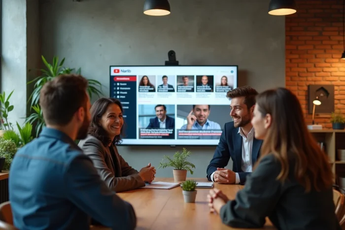Équipe de collègues discutant de l'actualité devant un écran d'agrégateur de nouvelles dans un espace de coworking