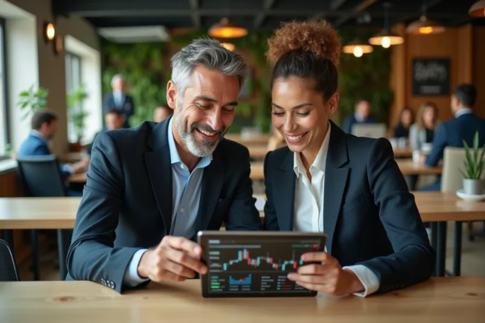Deux collègues analysant un portefeuille d'investissements boursiers sur une tablette dans un espace de coworking moderne