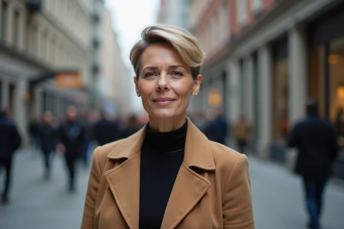 Femme avec une coupe courte et contours floutés aux oreilles en milieu urbain