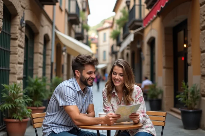 Couple planifiant spontanément leur itinéraire autour d'un café en terrasse dans une ruelle européenne