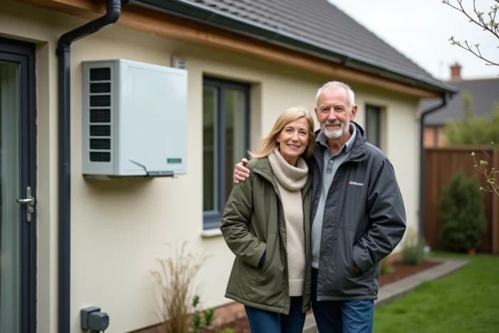 Couple devant une pompe à chaleur installée en façade après une rénovation énergétique de leur maison individuelle