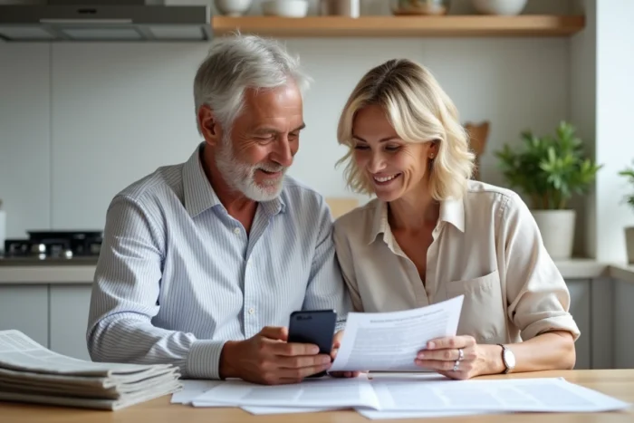 Couple vérifiant des informations de santé fiables sur smartphone et documents imprimés à la maison