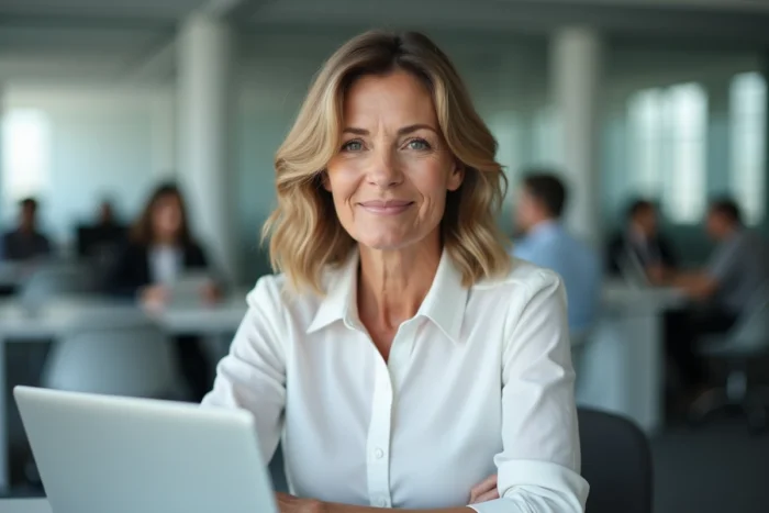 Femme avec un dégradé mi-long et volume aux pommettes dans un bureau moderne