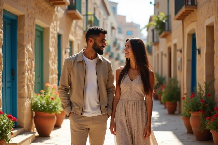 Deux jeunes adultes d'origine nord-africaine dans une rue méditerranéenne ensoleillée avec façades en pierre et portes bleues, symbolisant leurs racines partagées