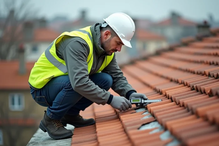 Expert en bâtiment mesurant des tuiles endommagées sur un toit résidentiel lors d'une expertise judiciaire immobilière
