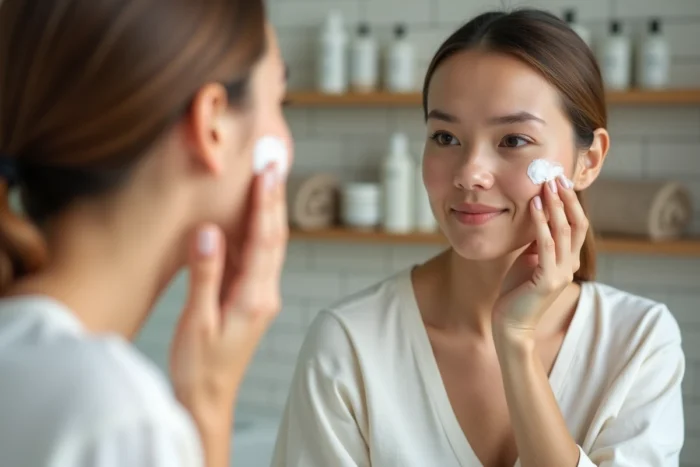 Femme appliquant une crème hydratante dermatologique recommandée dans une salle de bain épurée