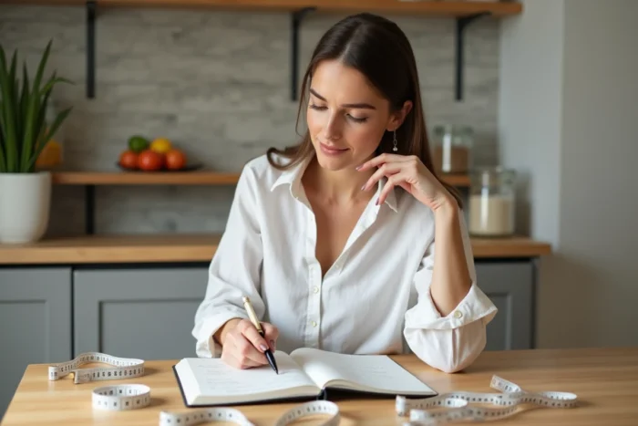 Femme consultant un journal de nutrition et un mètre ruban pour calculer son poids idéal selon sa taille
