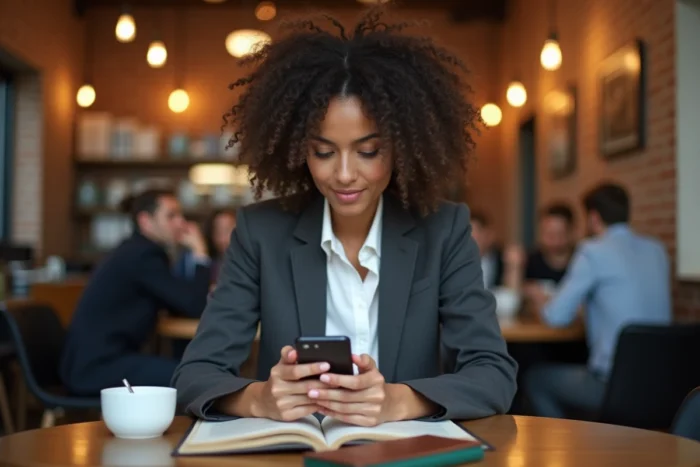Femme consultant une application de trading boursier sur smartphone dans un café, stratégie d'investissement en ligne