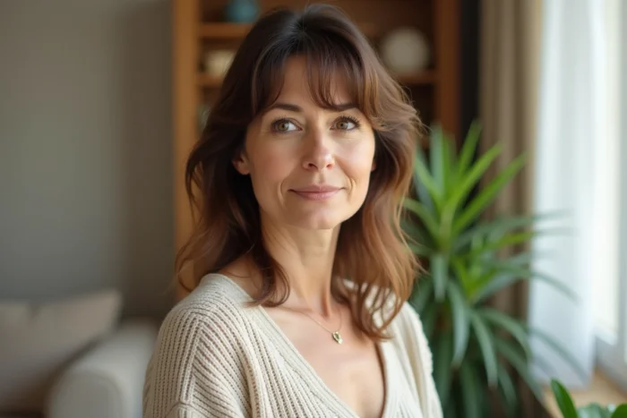 Femme avec une frange rideau ouverte sur les tempes dans un intérieur chaleureux