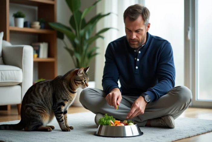 Homme préparant un repas équilibré pour son chat dans un salon moderne, conseils nutrition animale