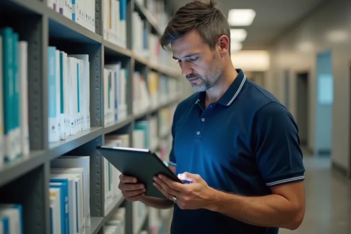 Homme consultant un site de santé fiable sur une tablette dans une bibliothèque médicale moderne