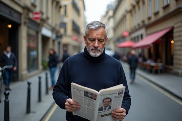 Homme lisant un journal dans une rue européenne animée, illustration de la lecture de l'actualité quotidienne