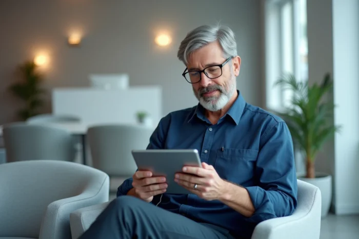 Homme consultant une application médicale sur tablette dans une salle d'attente pour gérer ses alertes Doctolib