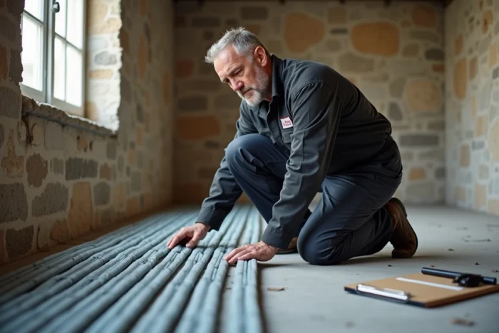 Technicien installant un plancher chauffant dans une maison en pierre rénovée