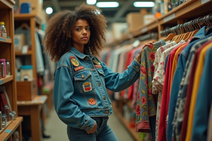 Jeune femme aux cheveux bouclés explorant des vêtements vintage dans une friperie, reflet de la tendance mode seconde main chez les jeunes