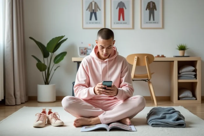Jeune homme assis dans sa chambre entouré de vêtements et de magazines de mode, illustrant l'impact des réseaux sociaux sur les tendances vestimentaires des jeunes