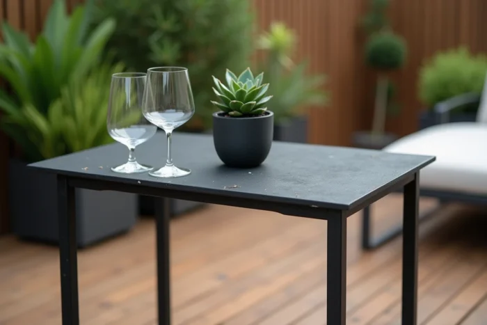 Mange-debout extérieur en métal mat foncé avec finition industrielle sur une terrasse en bois moderne