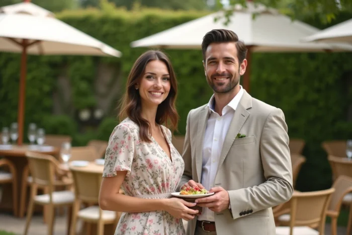 Couple debout autour d'un mange-debout en rotin et teck lors d'une réception en jardin