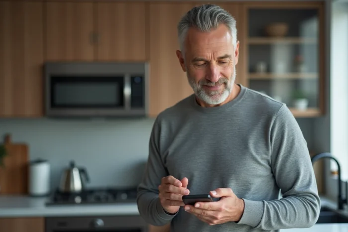 Homme utilisant l'application mobile de la Banque Postale pour mettre à jour son adresse depuis sa cuisine