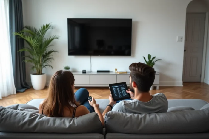 Couple regardant du contenu en streaming sur smart TV dans un salon moderne en France avec accès sans restriction