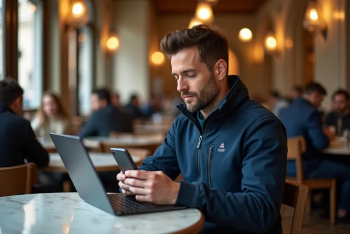 Homme utilisant un VPN sur smartphone et laptop dans un café français pour accéder à Moovbob sans restriction
