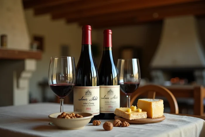 Nature morte avec deux bouteilles de Gevrey-Chambertin Louis Jadot, verre de vin rouge et plateau de fromage sur table en chêne rustique