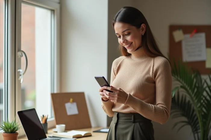 Jeune femme recevant une notification d'alerte Doctolib sur son téléphone depuis son bureau à domicile