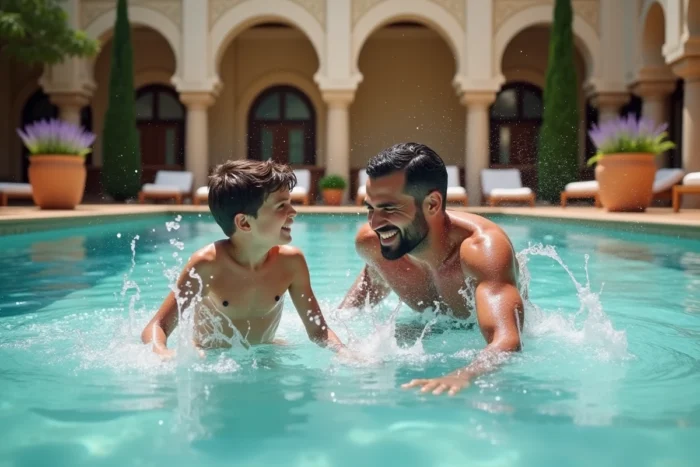 Père et fils jouant dans la piscine d'un resort tout compris en Andalousie avec architecture mauresque en arrière-plan