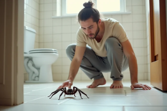 Personne observant avec prudence une araignée babouk sur le sol carrelé d'une salle de bain domestique