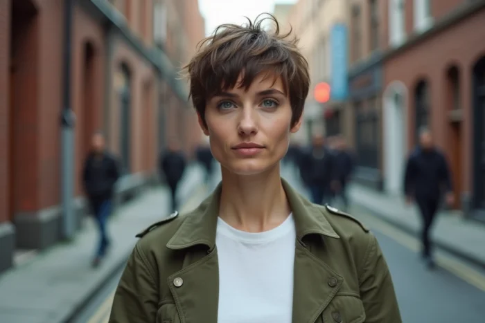 Femme avec un pixie texturé et longueur sur le dessus dans un contexte urbain