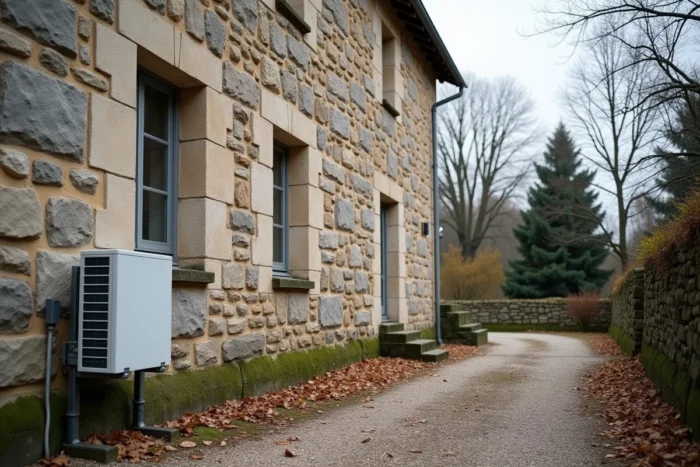 Pompe à chaleur installée sur la façade extérieure d'une ancienne maison en pierre