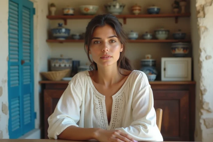 Portrait d'une jeune femme d'origine tunisienne dans un café traditionnel aux murs blanchis à la chaux, évoquant ses racines culturelles nord-africaines