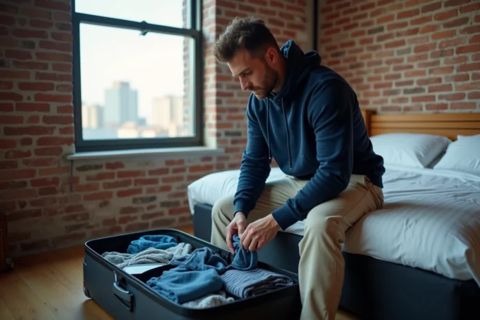 Homme faisant sa valise en urgence dans une chambre d'hôtel pour un départ improvisé