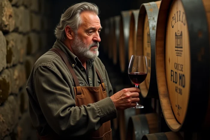 Producteur de vin bourguignon dans sa cave examinant un verre de grand bourgogne rouge parmi les tonneaux en chêne