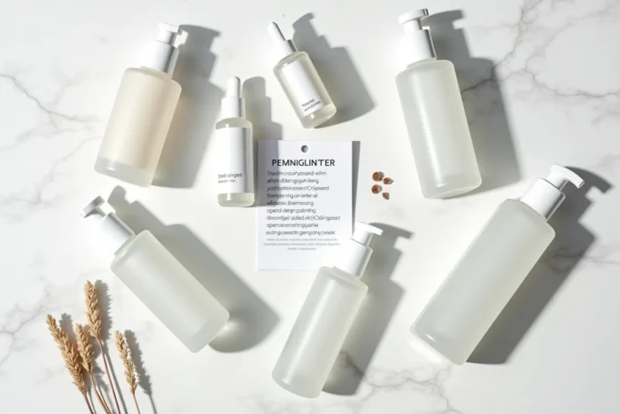 Sélection de produits de soins dermatologiques recommandés par des spécialistes sur marbre blanc