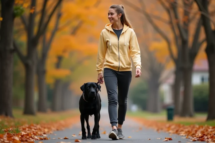Jeune femme promenant son labrador noir sur un chemin automnal, activité physique essentielle pour la santé des chiens