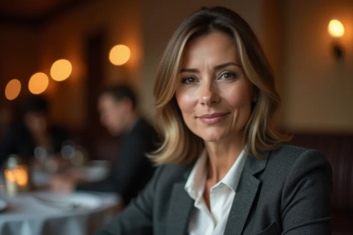 Femme avec une raie latérale décalée de deux centimètres dans un restaurant chaleureux