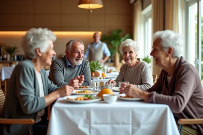 Groupe de seniors partageant un repas dans la salle à manger d'une résidence services en Essonne