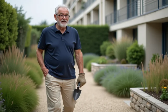 Homme senior jardant dans la cour extérieure d'une résidence services en Essonne